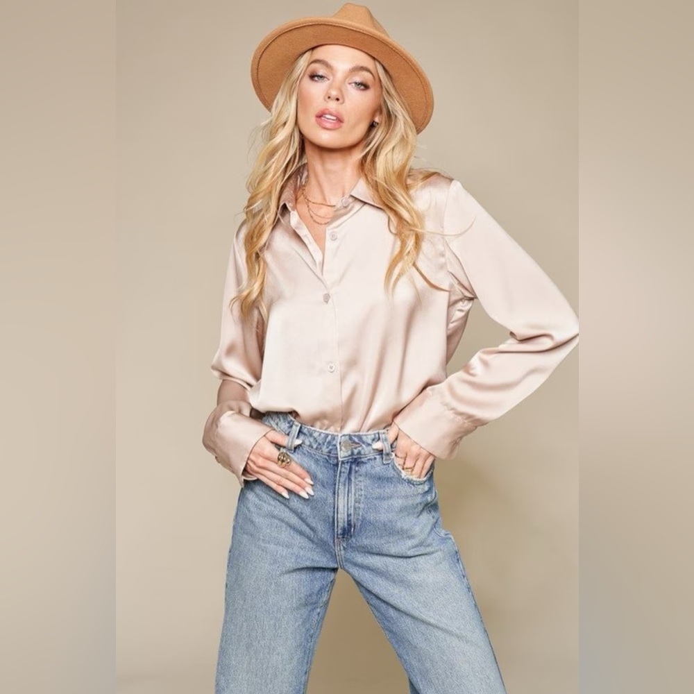 Satin Button Down Nude Black Neutral